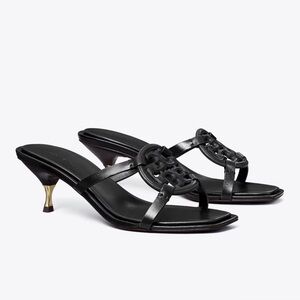 Tory Burch Black Leather Kitten Heel Thong Sandals with Gold Accent